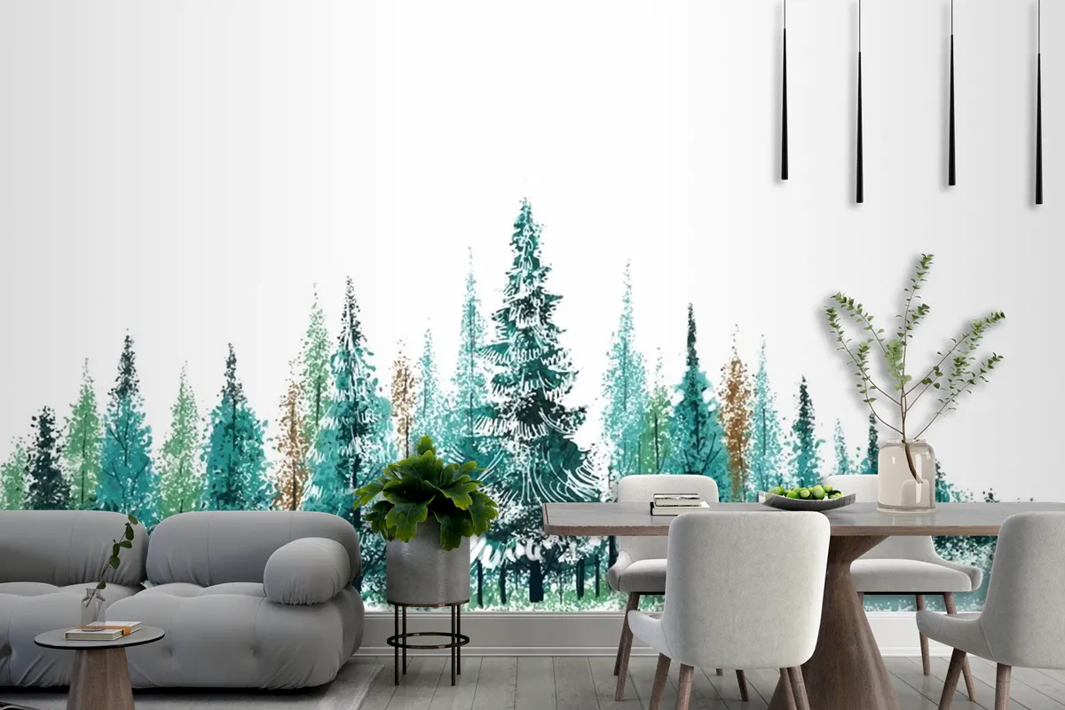 Festive Winter Landscape Christmas Trees Beautiful Holiday Card Wallpaper Mural