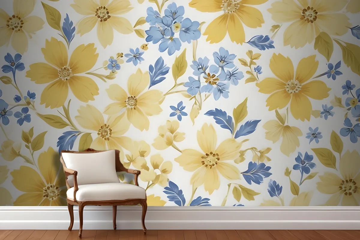Floral Pattern With Large Yellow Flowers And Smaller Blue Flowers On A White Wallpaper Mural