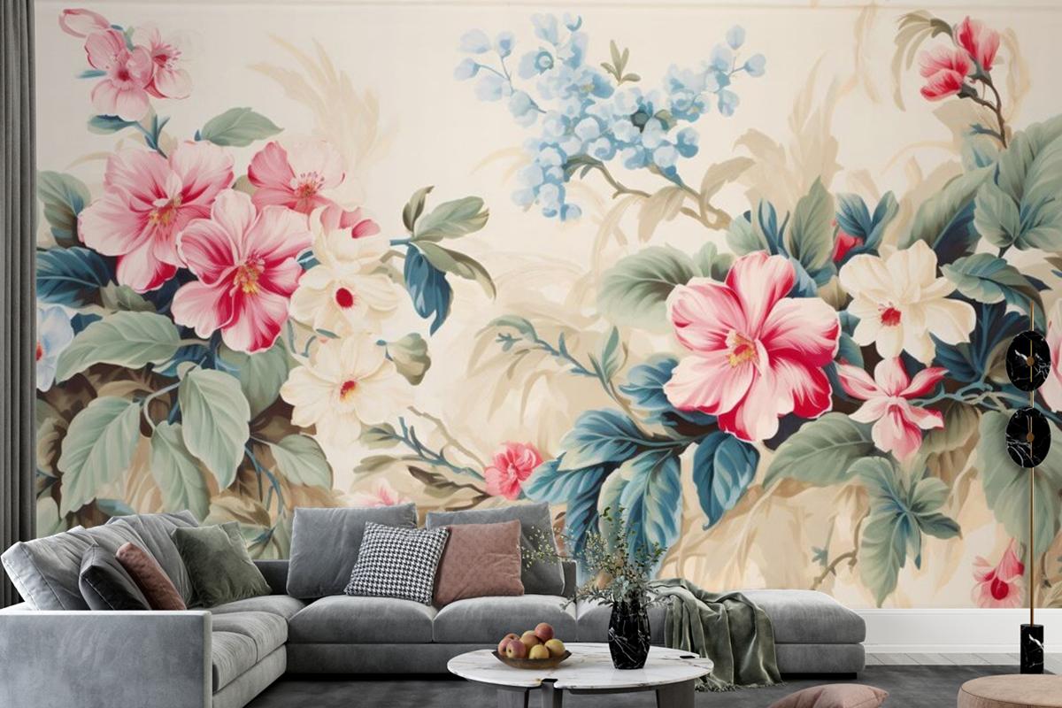 A Floral With Tropical Flowers And Leaves Wallpaper Mural