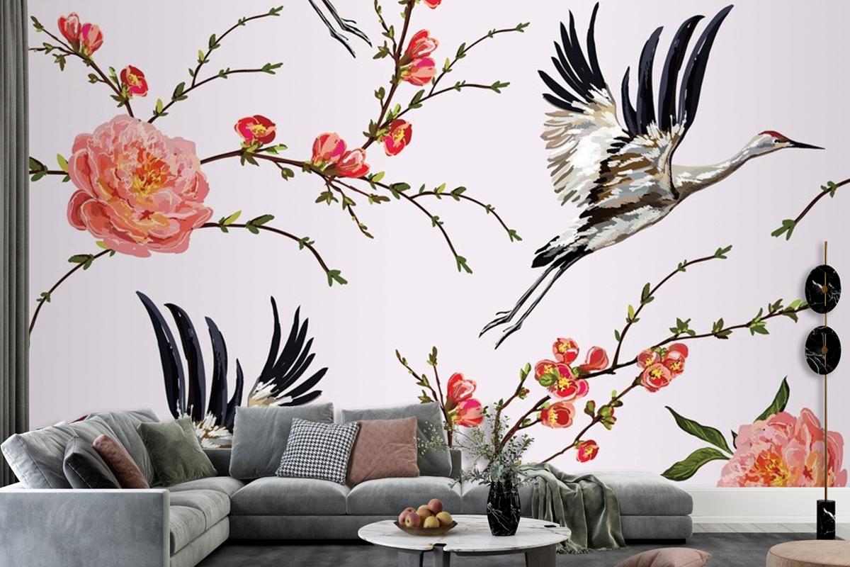 Flowers And Plants Flowers And Birds Seamless Print Pattern Wallpaper Mural