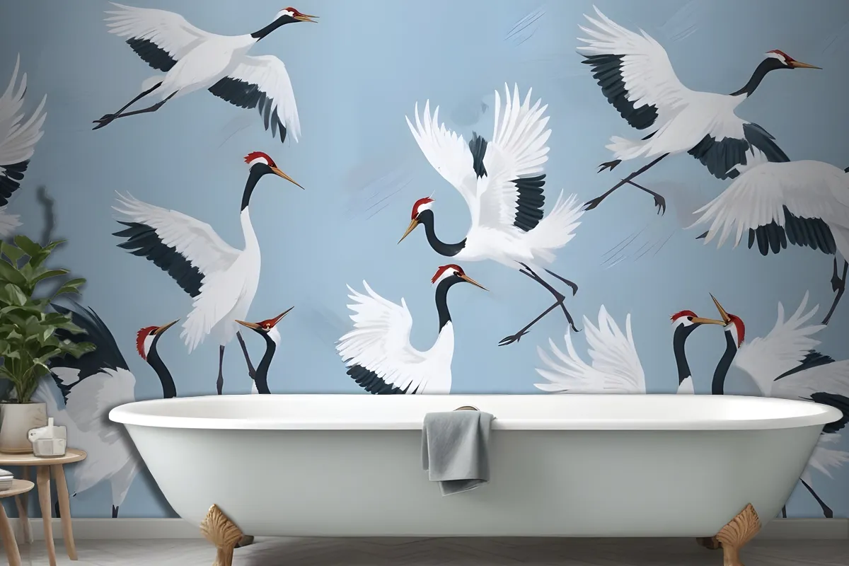 Flying Japanese Cranes Blue Painted Wallpaper Mural