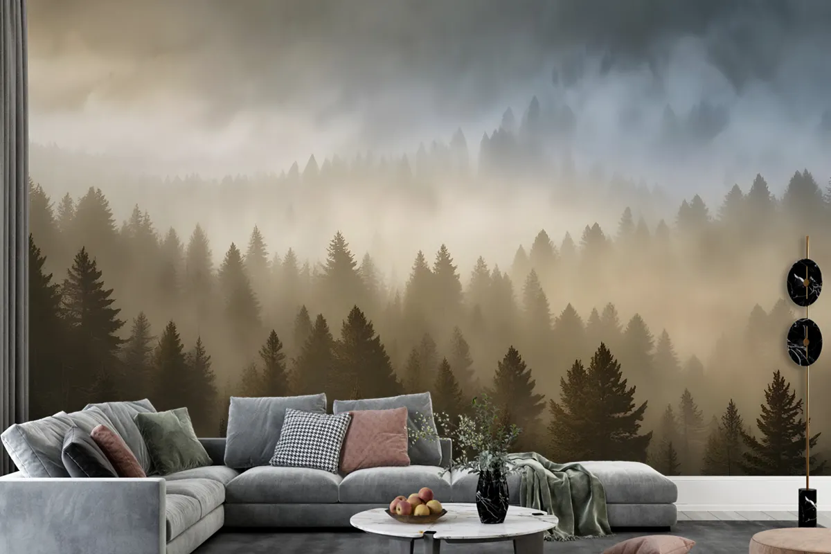 Foggy Pine Forest Landscape Wallpaper Mural