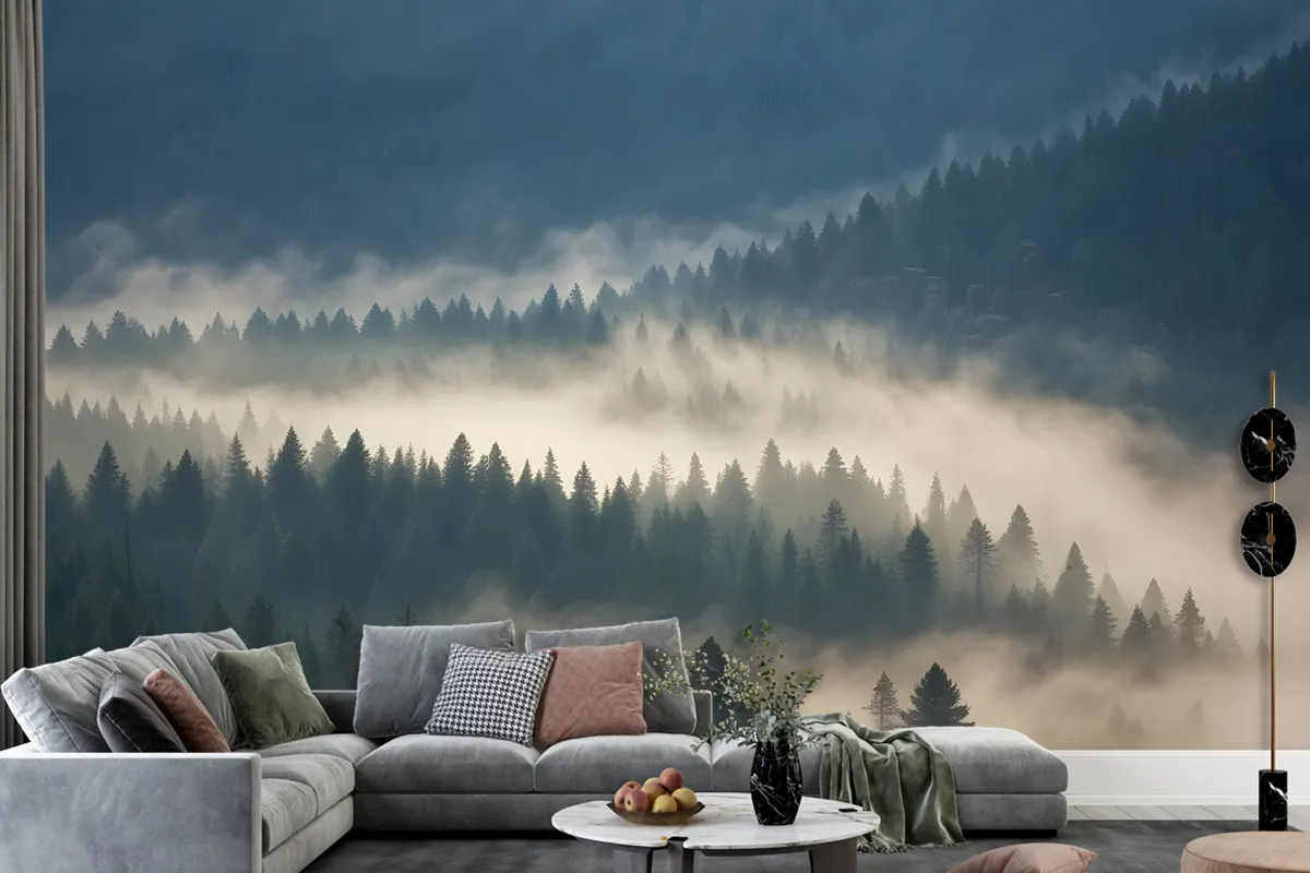 Foggy Pine Woods Landscape Wallpaper Mural