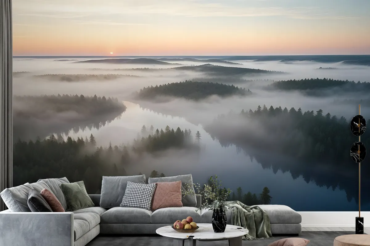 Foggy Rive Forest Landscape Wallpaper Mural