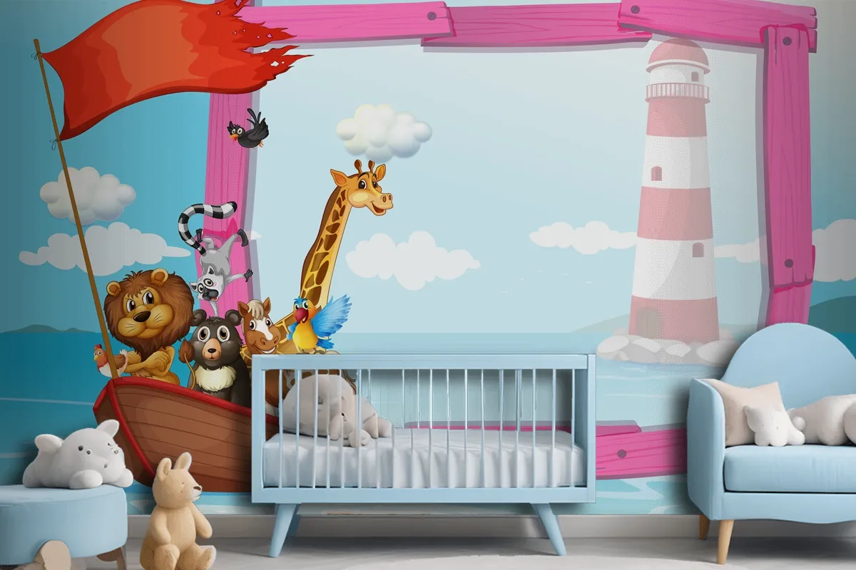 Frame With Wild Animals In The Boat Wallpaper Mural