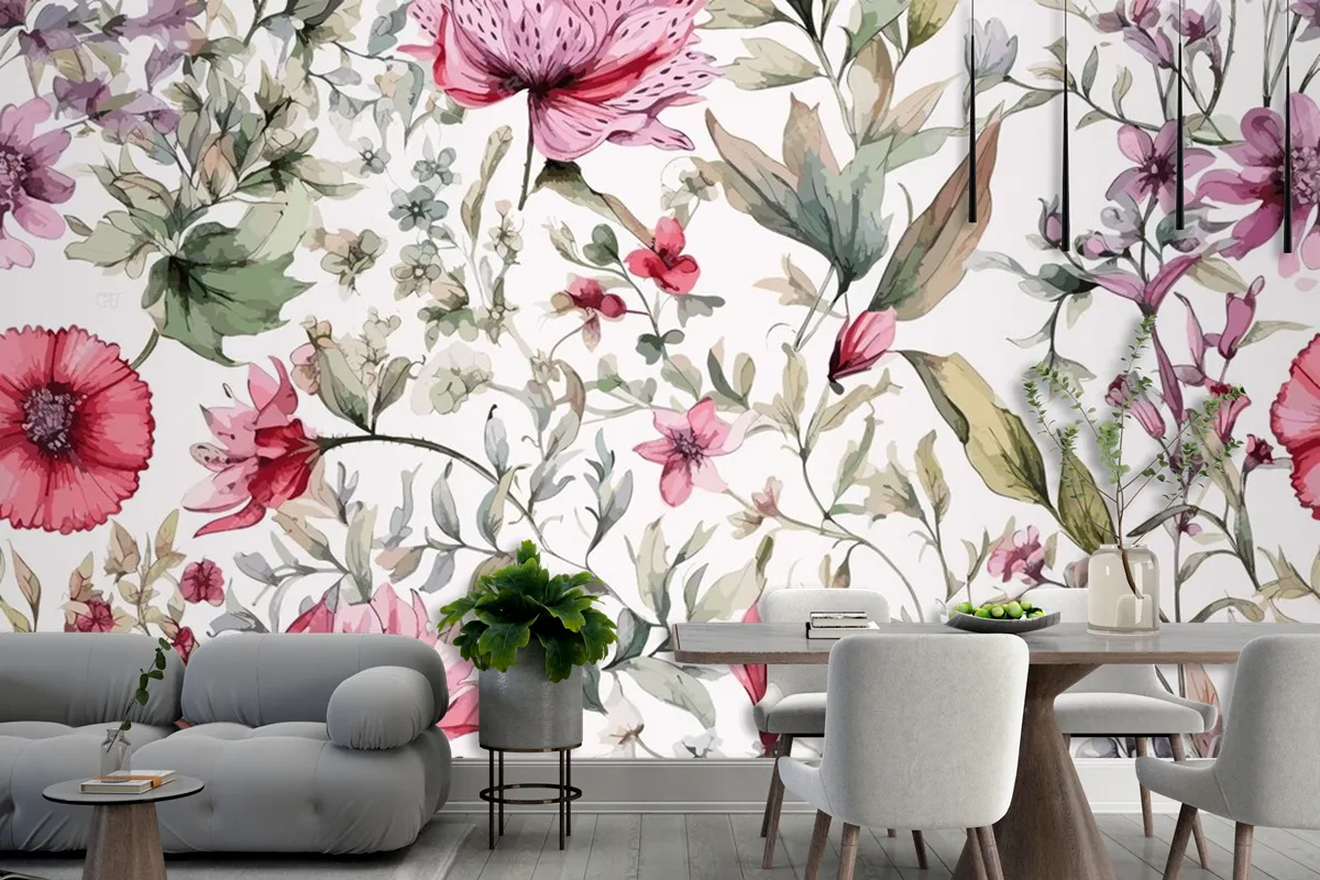 Colourful Floral Background With Leaves Wallpaper Mural