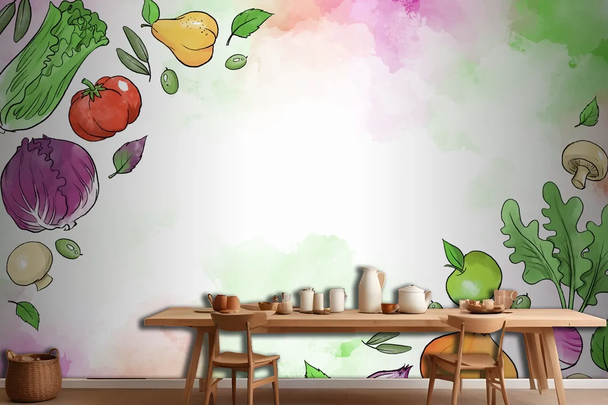 Fruit And Vegetables Hand Drawn Wallpaper Mural