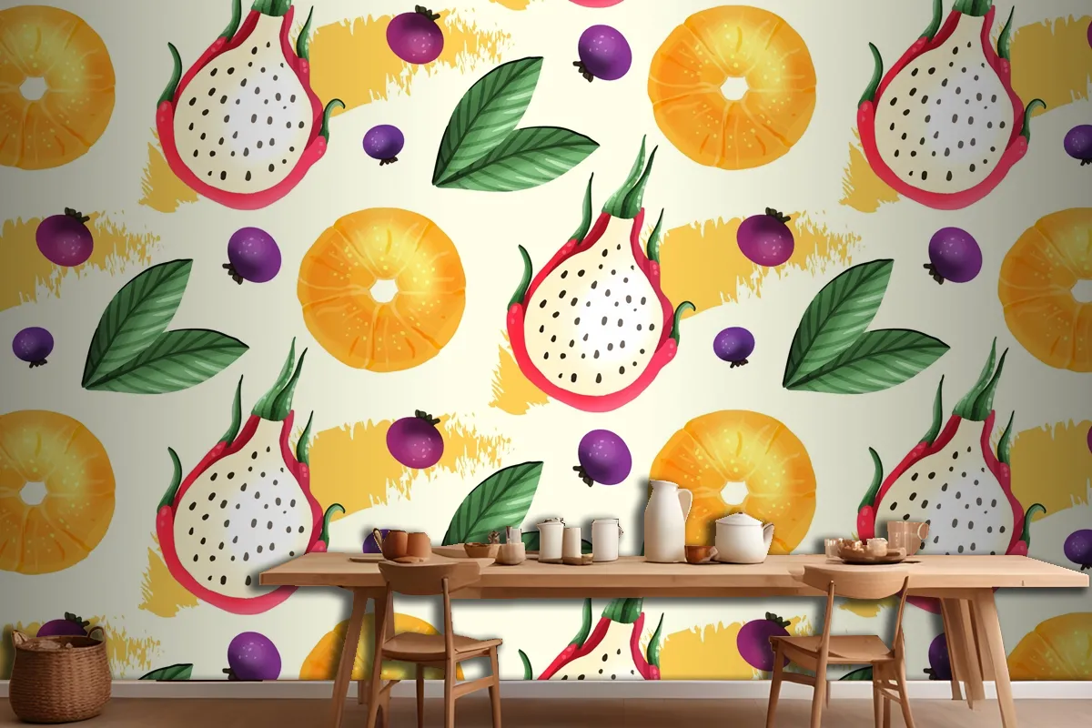 Fruits Pattern With Dragon Fruit Kitchen Wallpaper Mural