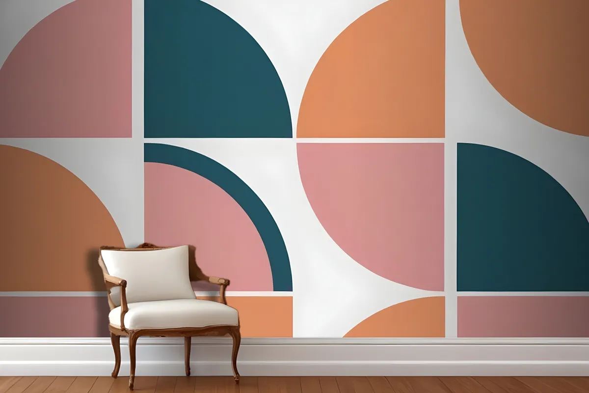 Geometric Abstract Pattern With Various Shapes And Colors Including Teal Peach And Pink Wallpaper Mural