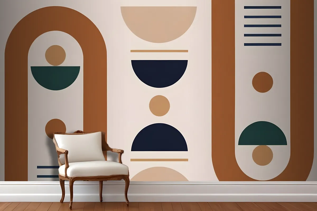 Geometric Shapes And Forms In Earthy Tones Of Brown Beige Navy And Green Wallpaper Mural