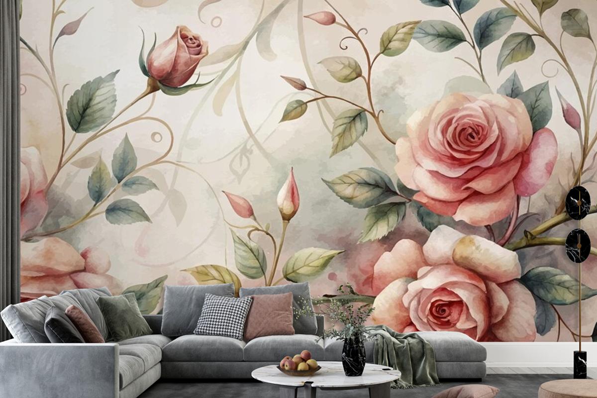 Graceful Rose Tree Pattern Watercolor Background Wallpaper Mural