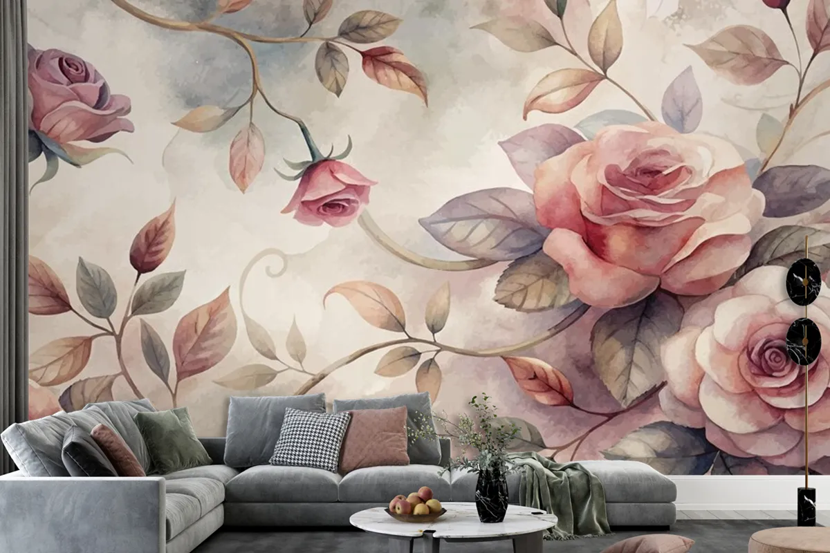 Graceful Rose Tree Pattern Watercolor Background Wallpaper Mural