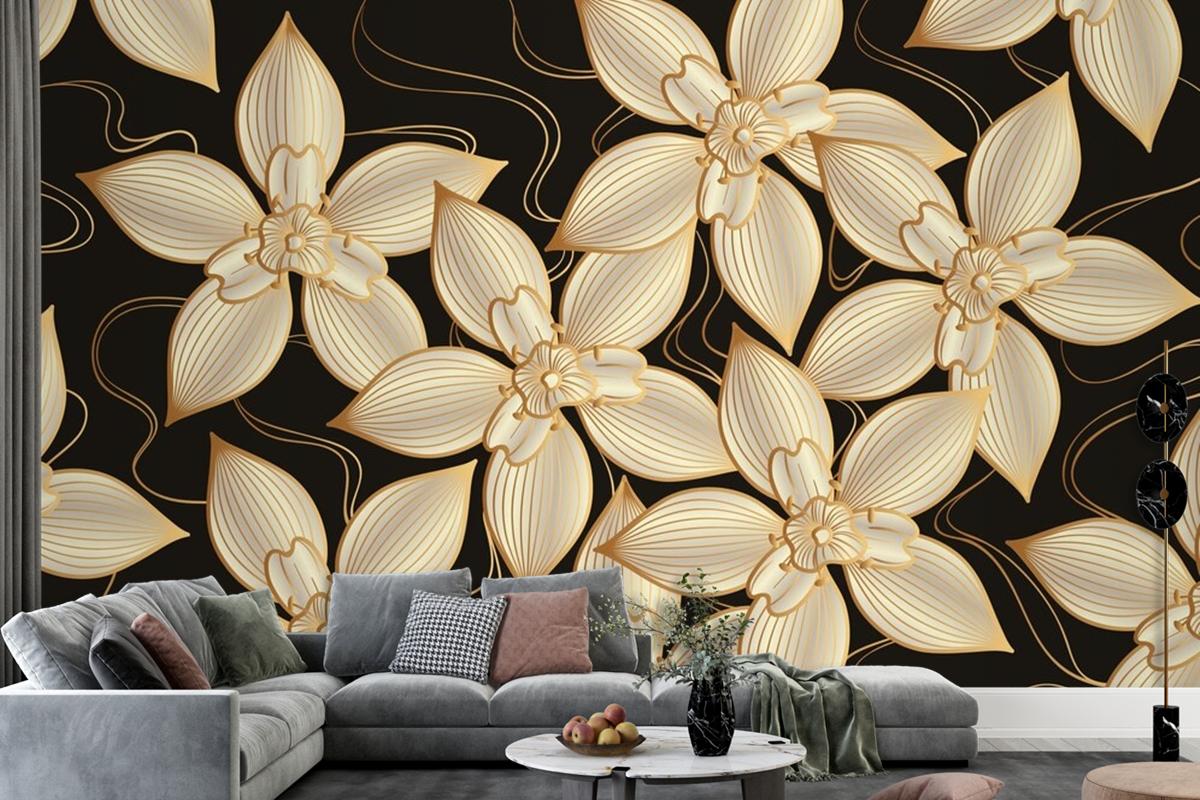 Gradient Golden Linear Background With Elegant Flowers Wallpaper Mural