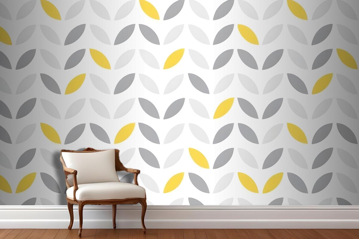 Gray And Yellow Leaf Shapes Arranged In A Repeating Geometric Design Wallpaper Mural