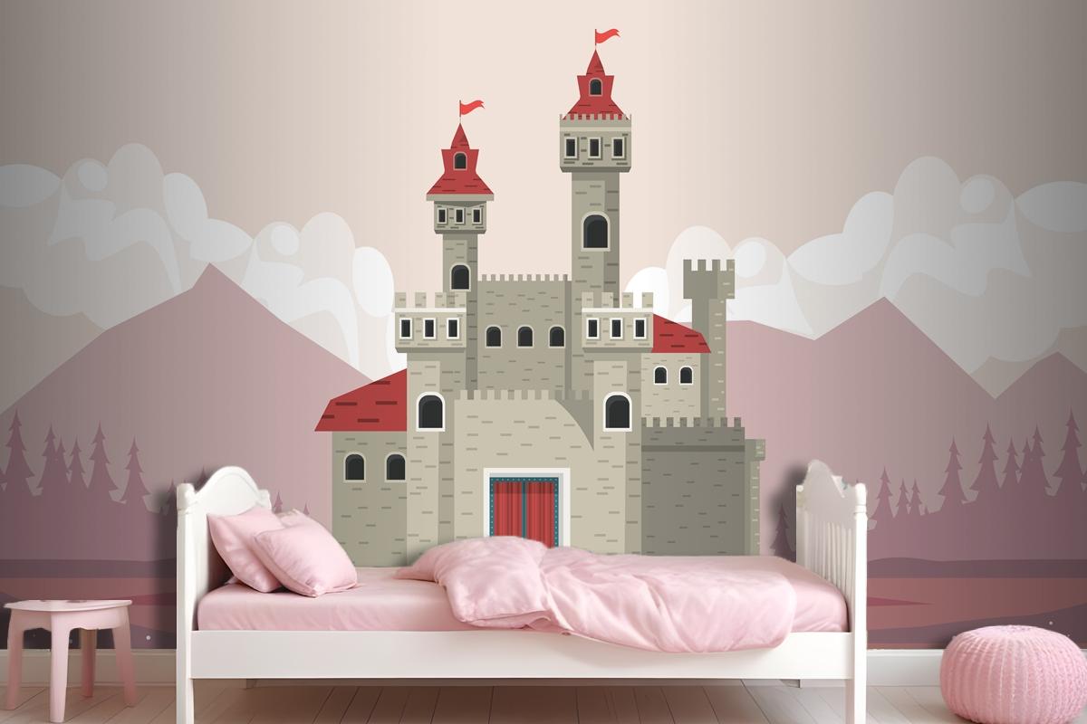 Gray Castle In Pink Landscape Scene Wallpaper Mural