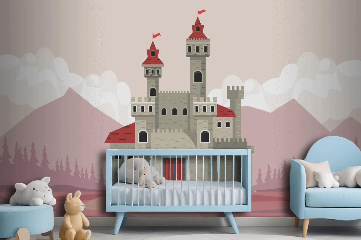 Gray Castle In Pink Landscape Scene Wallpaper Mural