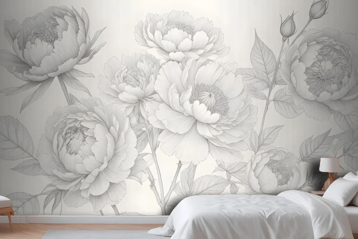 Gray Large Illustrated Roses Wallpaper Mural