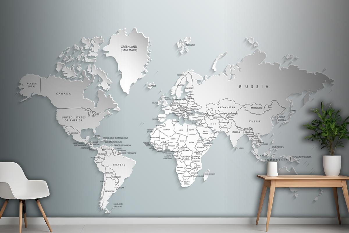 Gray World Map Countries Wallpaper Mural