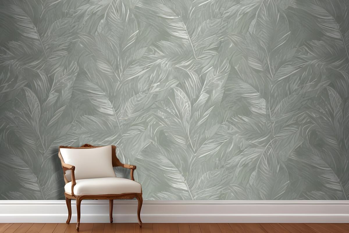 Green And White Abstract Pattern With Overlapping Leaf Or Featherlike Shapes Wallpaper Mural