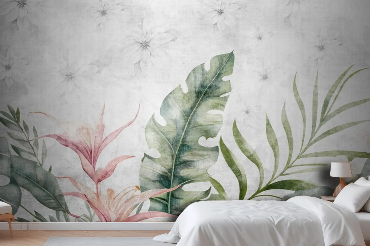 Green Branches Tree Leaves On Drawing Gray Wallpaper Mural