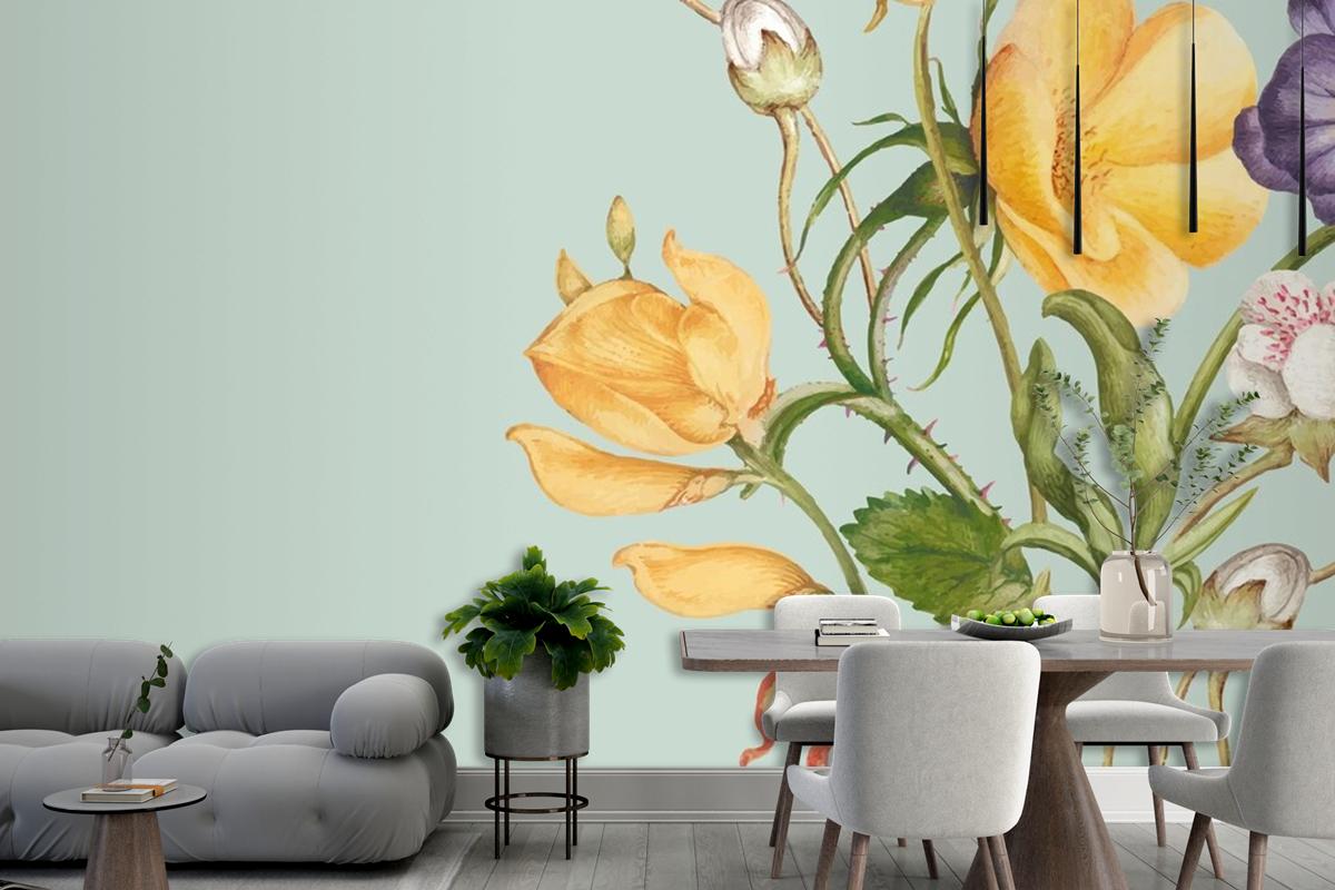 Green Floral Background In Pastel Paper Texture Style Wallpaper Mural