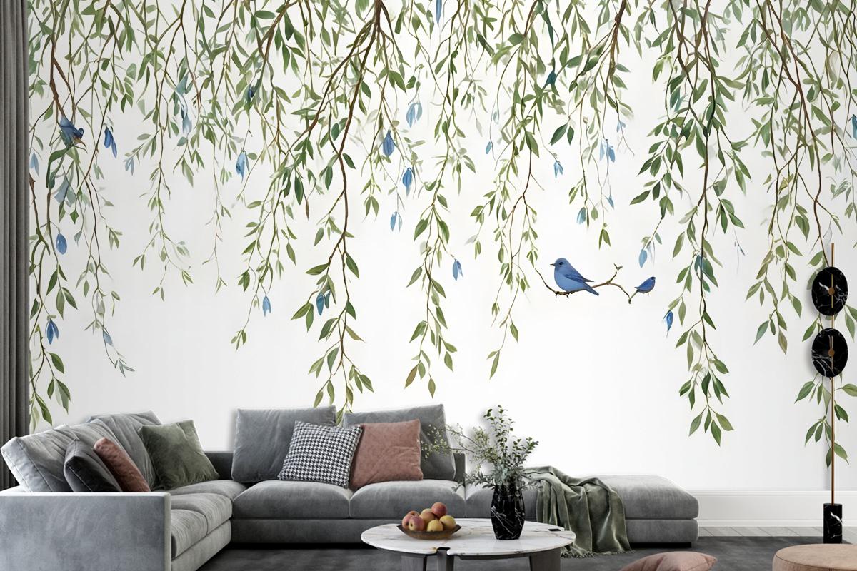 Green Hanging Leaves With Colorful Birds Wallpaper Mural