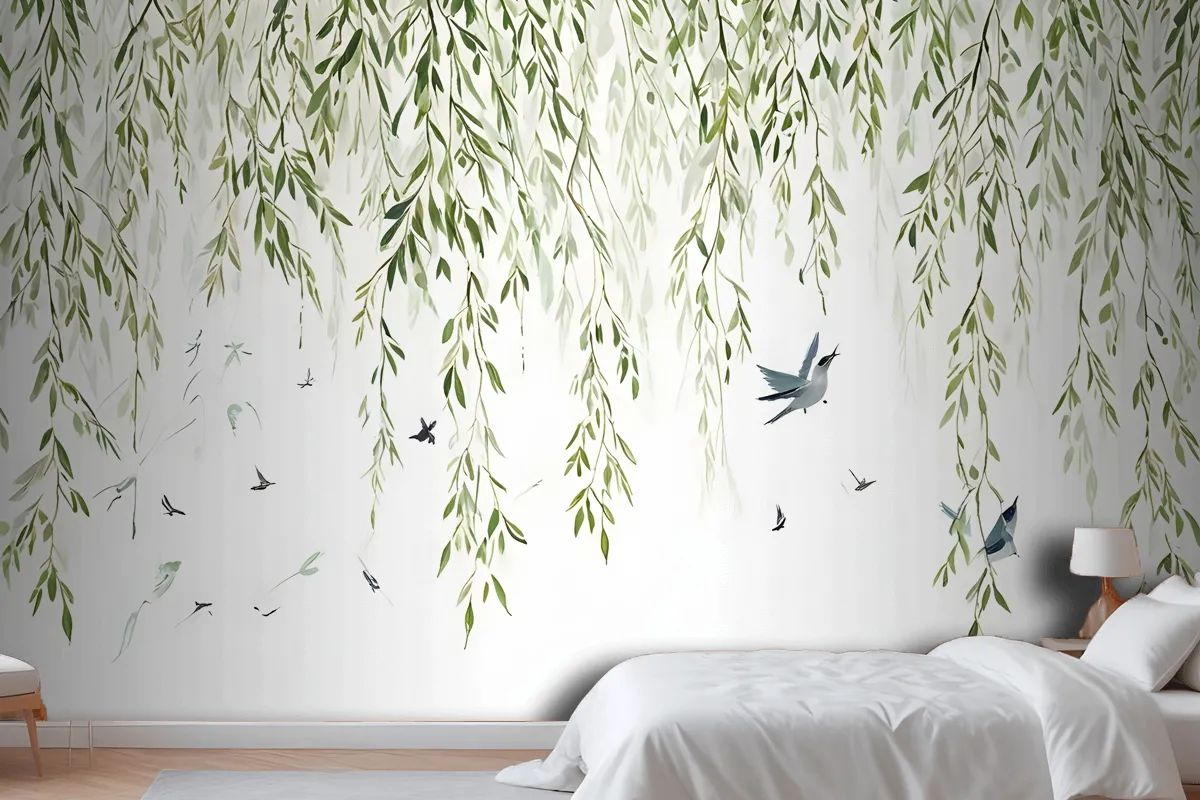Green Hanging Leaves With Colorful Birds Wallpaper Mural