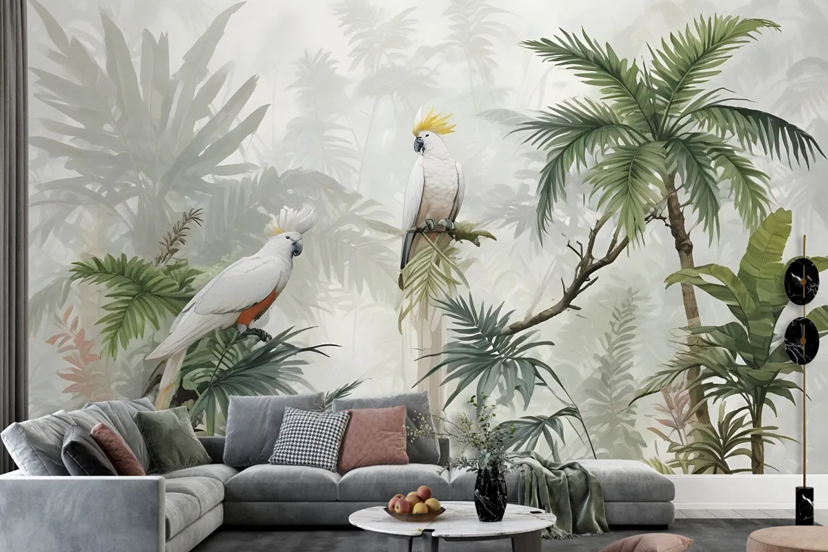 Green Tropical Forest With Parrot Wallpaper Mural