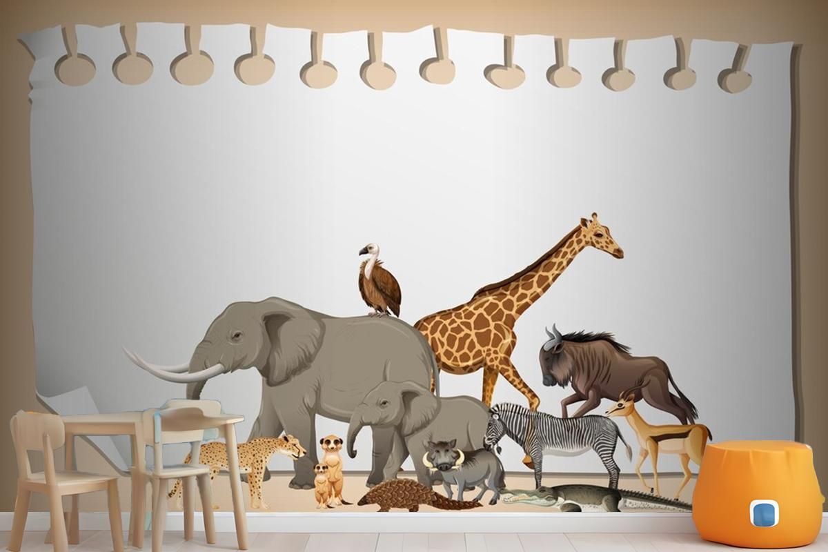 Group Of Wild African Animal On Paper Wallpaper Mural