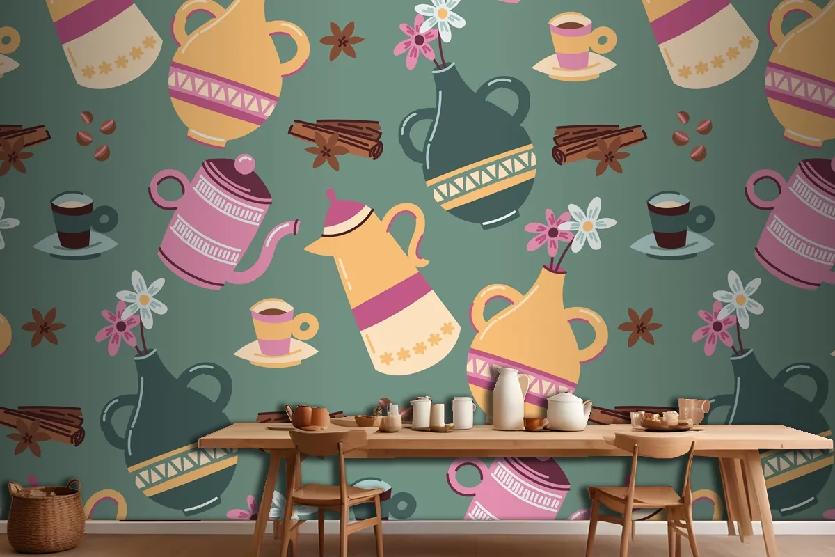 Hand Drawn Colorful Coffee Pattern Wallpaper Mural