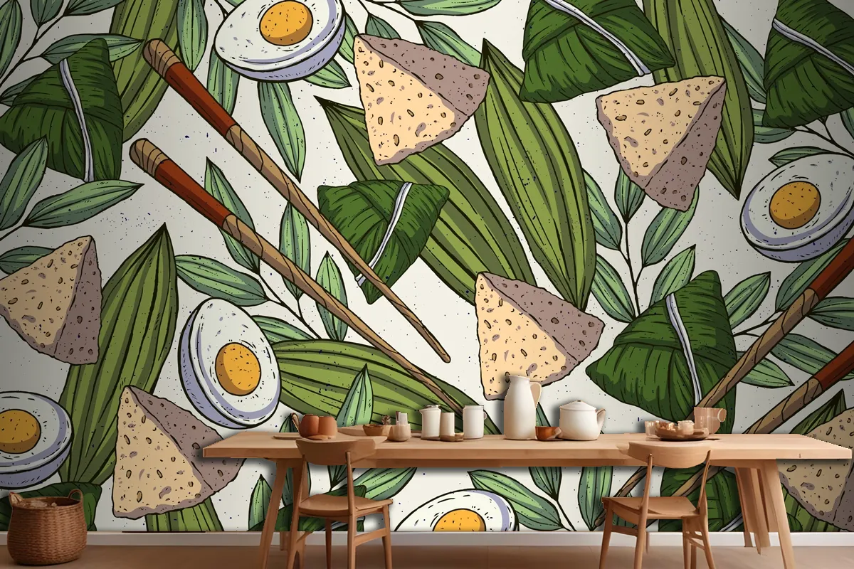 Hand Drawn Dragon Boats Zongzi Wallpaper Mural