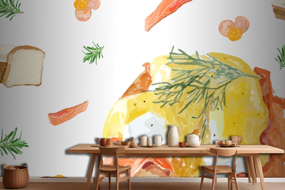 Hand Drawn Egg Benedic Watercolor Style Wallpaper Mural