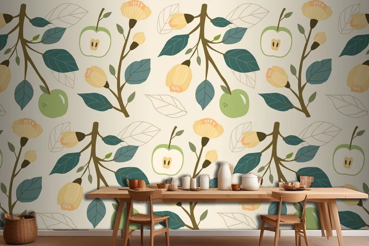 Hand Drawn Flat Fruit And Floral Pattern Kitchen Wallpaper Mural