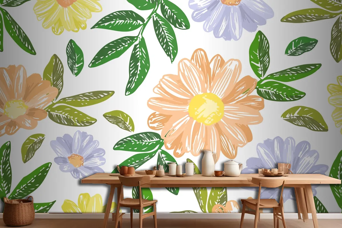 Hand Drawn Floral Embroidery Wallpaper Mural