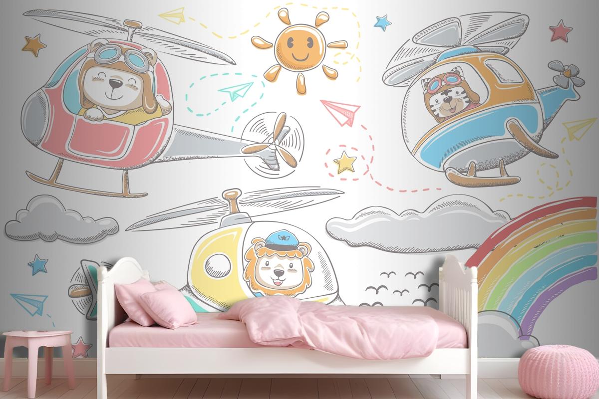 Hand Drawn Funny Animals Cartoon On Helicopters Sky Object Elements Cartoon Wallpaper Mural