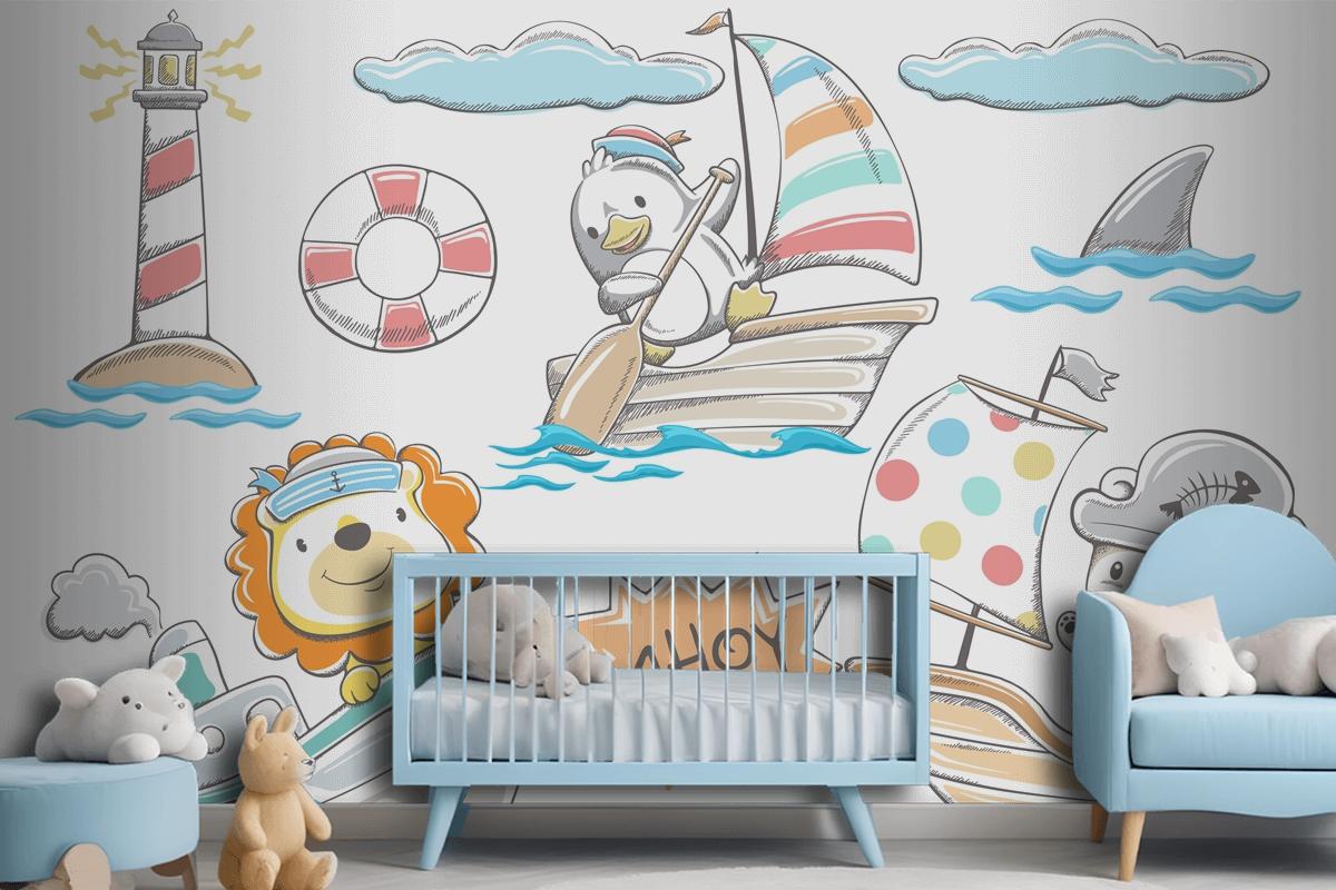 Hand Drawn Funny Animals Sailor With Sea Elements Wallpaper Mural