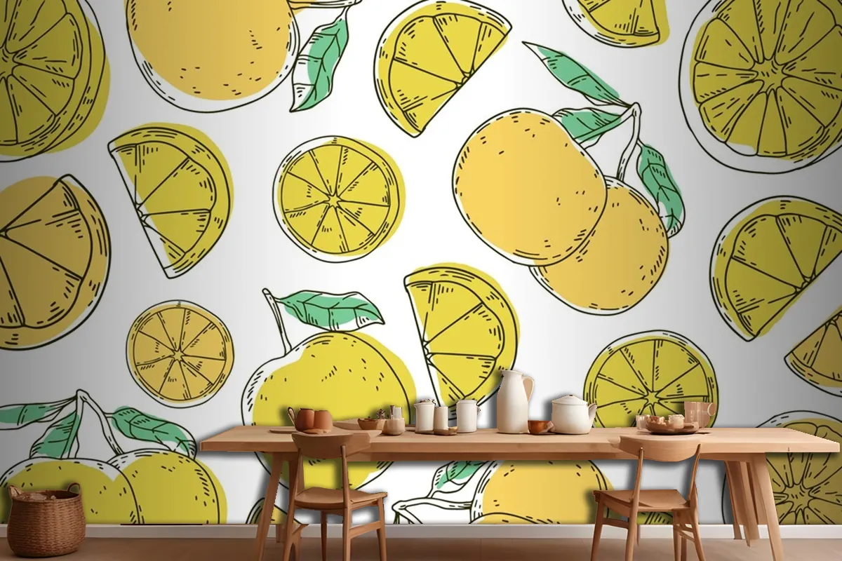 Hand Drawn Lineal Engraved Lemon Pattern Wallpaper Mural