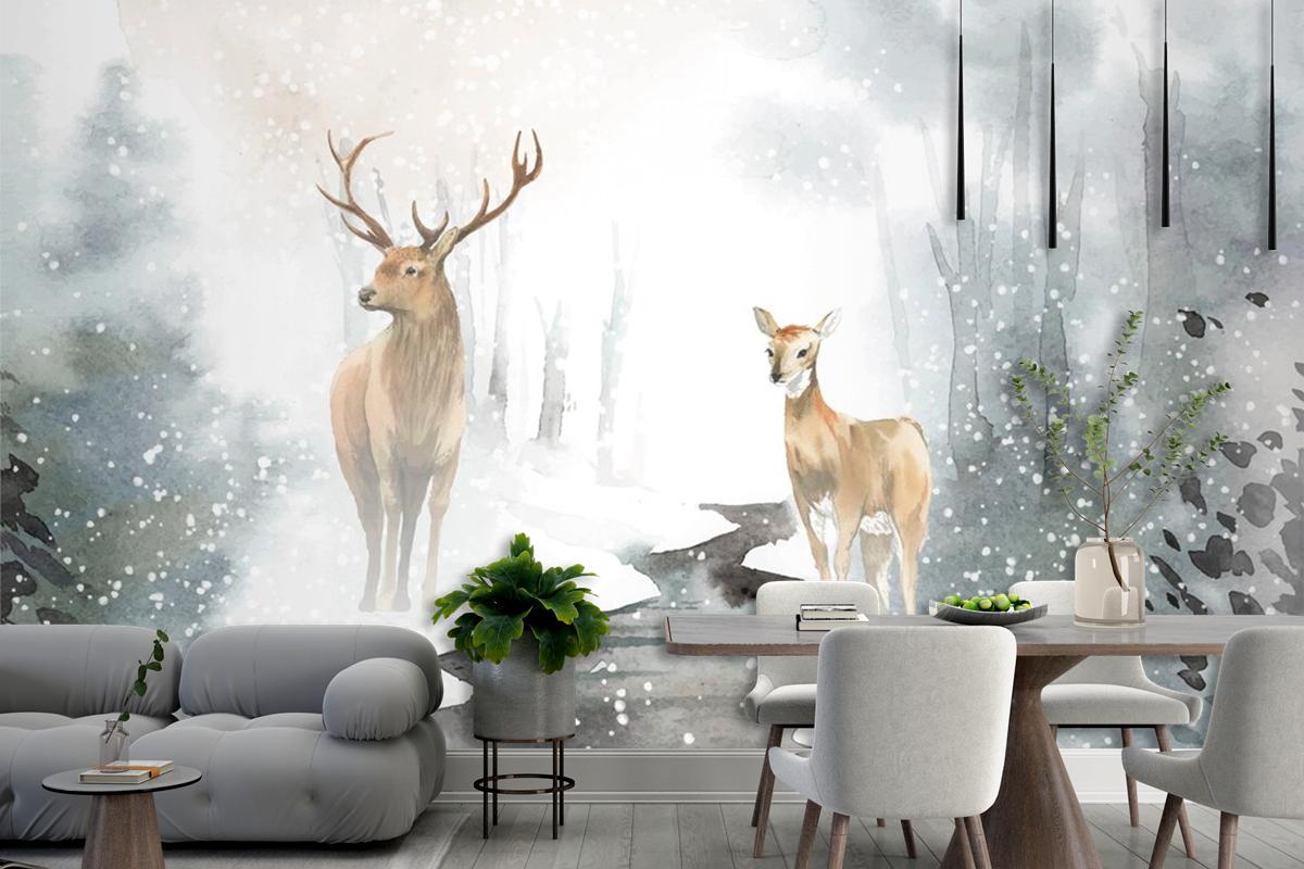 Handdrawn Pair Of Deer Watercolor Style Wallpaper Mural