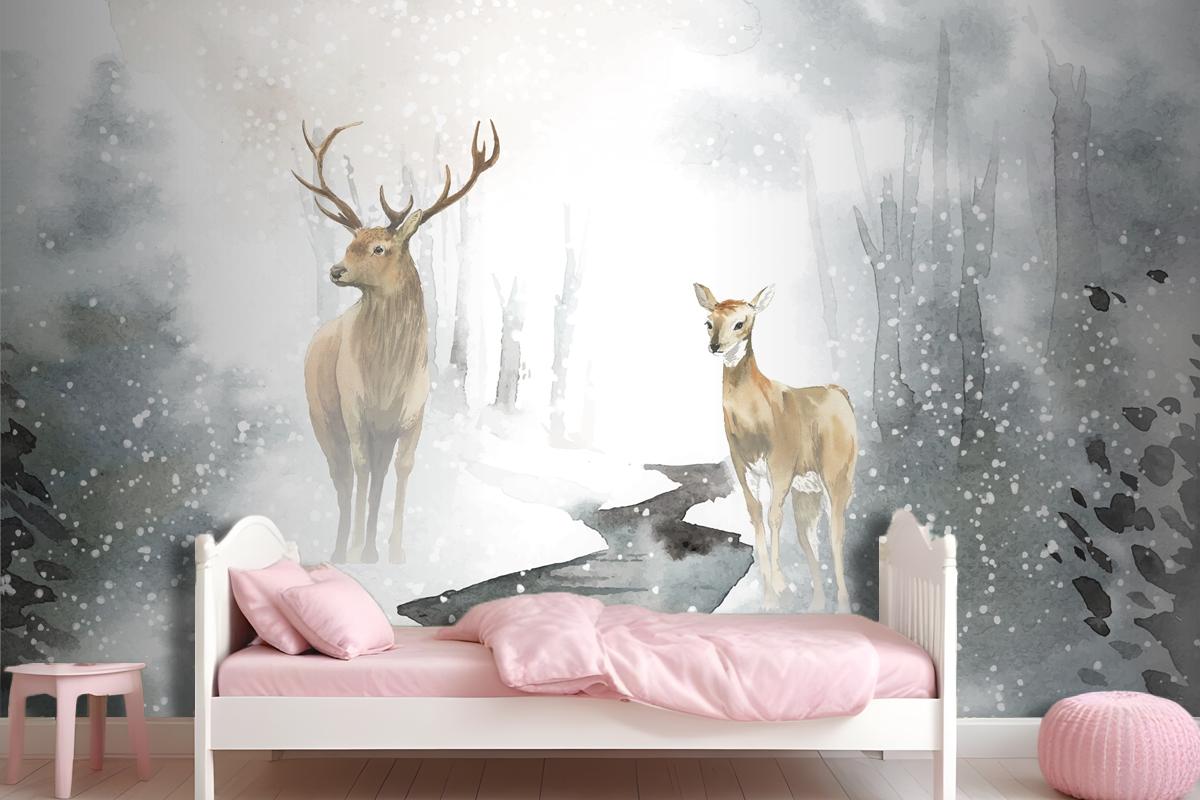 Handdrawn Pair Of Deer Watercolor Style Wallpaper Mural