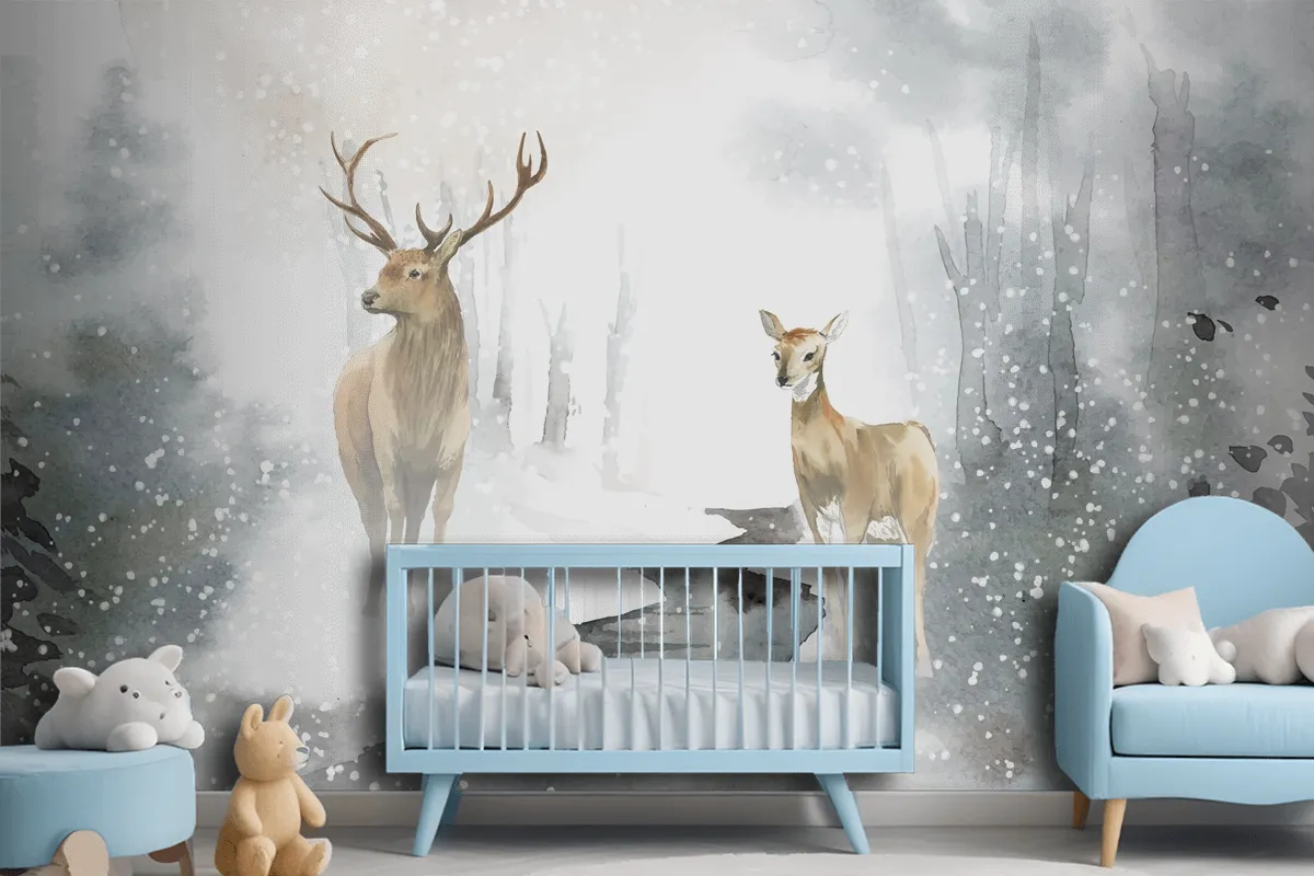 Handdrawn Pair Of Deer Watercolor Style Wallpaper Mural