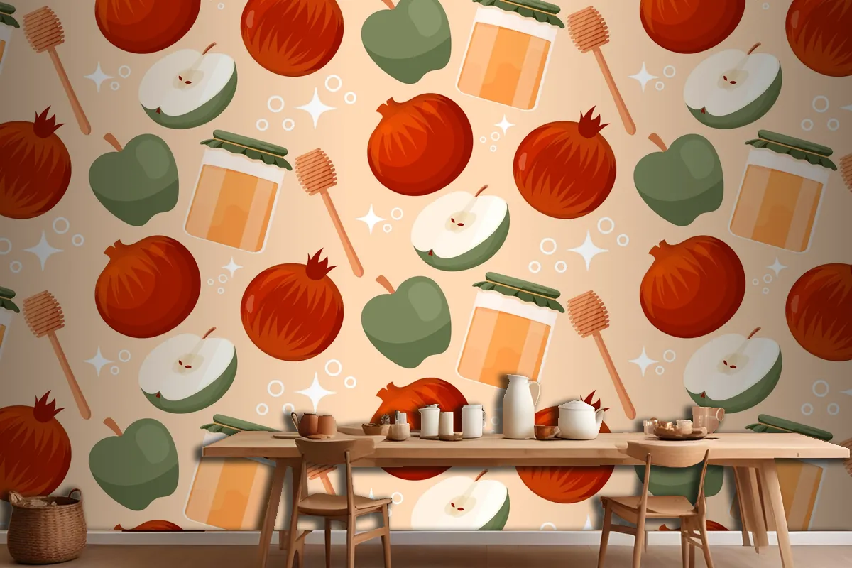 Hand Drawn Pattern Design For Jewish New Year Rosh Hashanah Celebration Wallpaper Mural