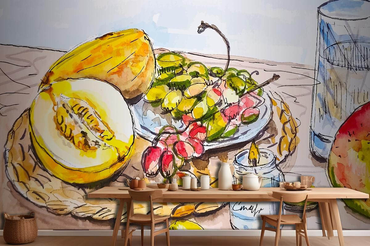 Hand Drawn Sketch Fruits On The Table At The Kitchen Grape Melon Mango Wallpaper Mural