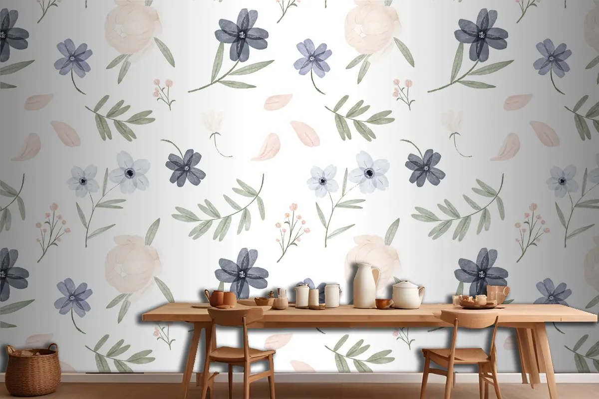 Hand Painted Watercolor Botanical Pattern Wallpaper Mural