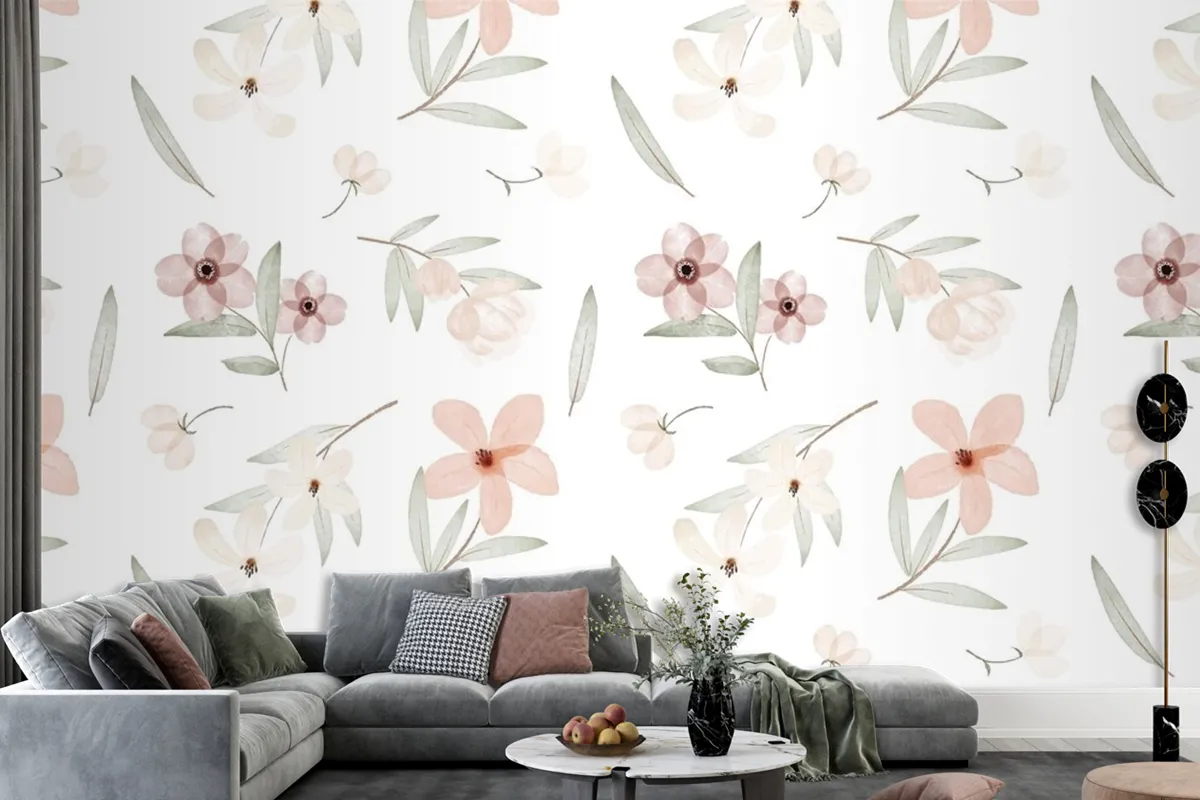 Hand Painted Watercolor Botanical Pattern Wallpaper Mural