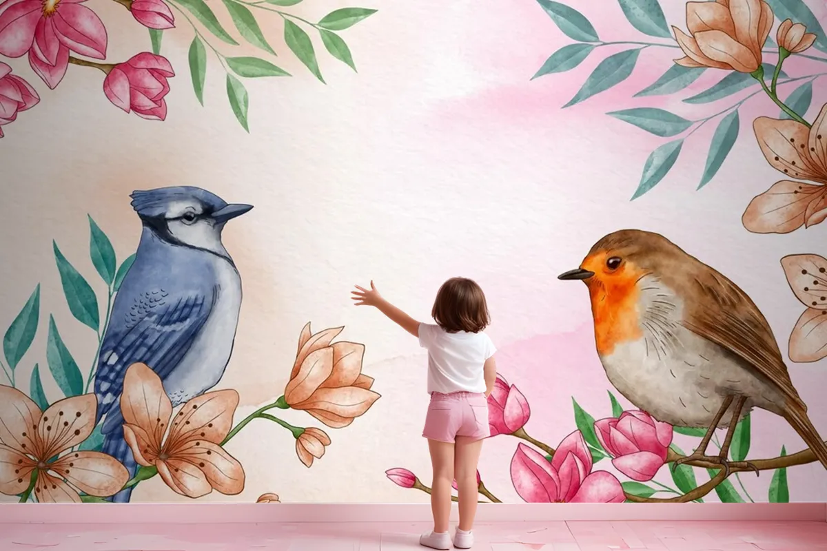 Hand Painted Watercolor Floral Birds Background Wallpaper Mural