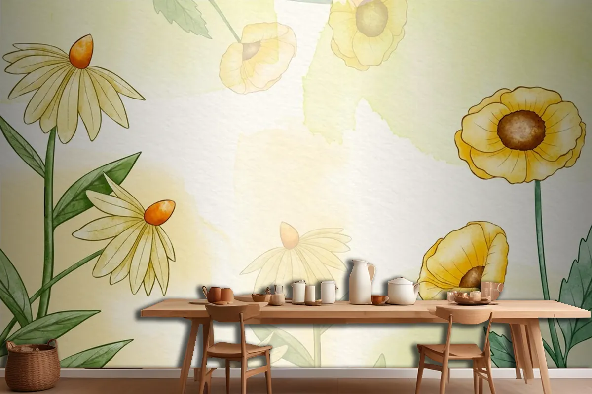 Hand Painted Watercolor Floral Kitchen Wallpaper Mural