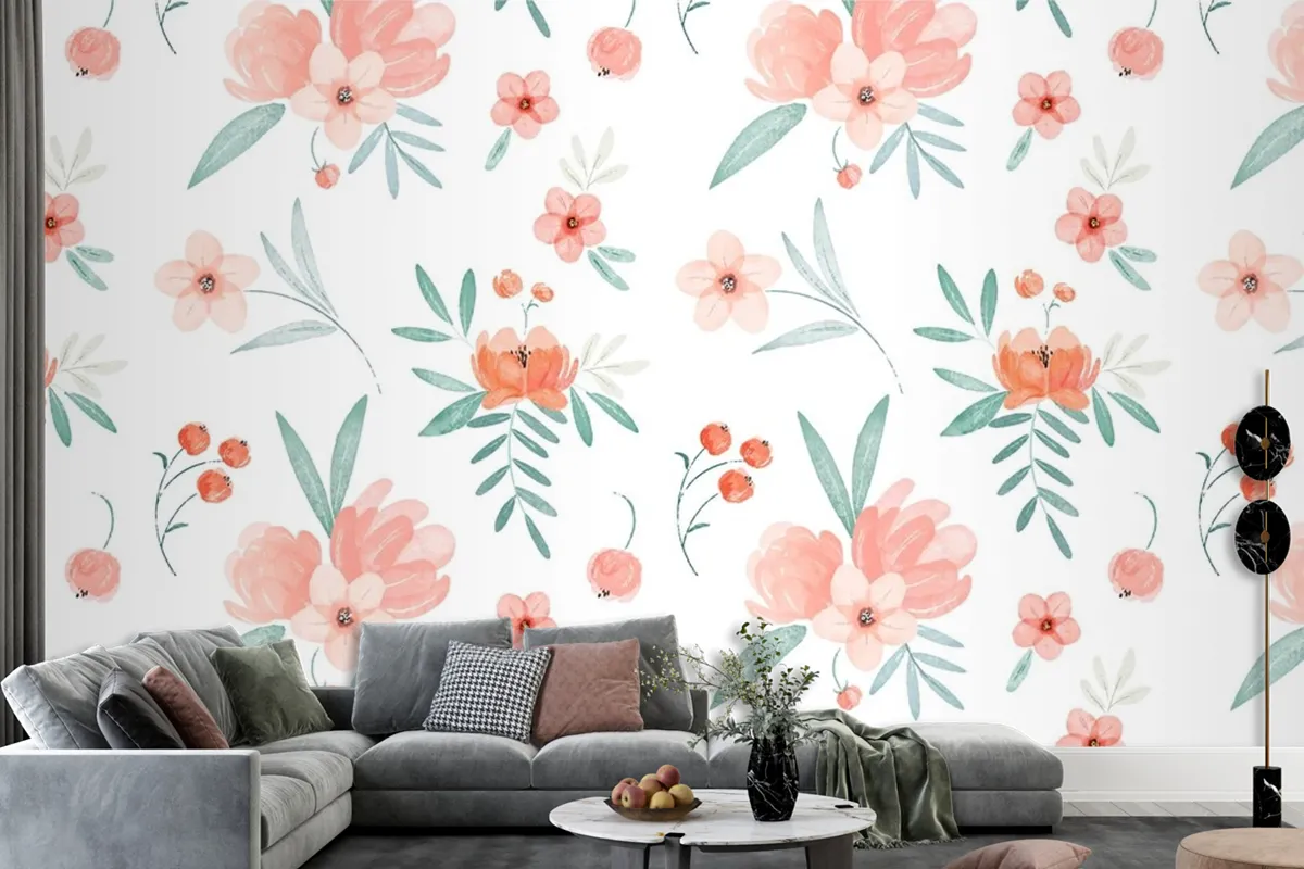 Hand Painted Watercolor Floral Pattern In Peach Tones Wallpaper Mural