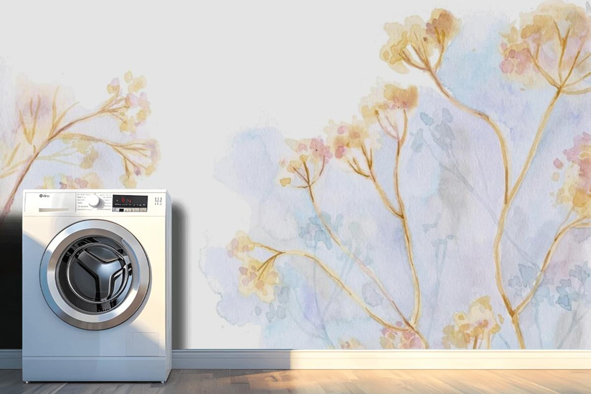 Hand Painted Watercolor Nature Laundry Room Wallpaper Mural