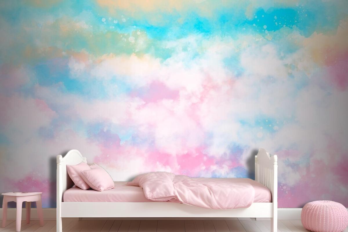 Hand Painted Watercolor Pastel Sky Background Girl Wallpaper Mural