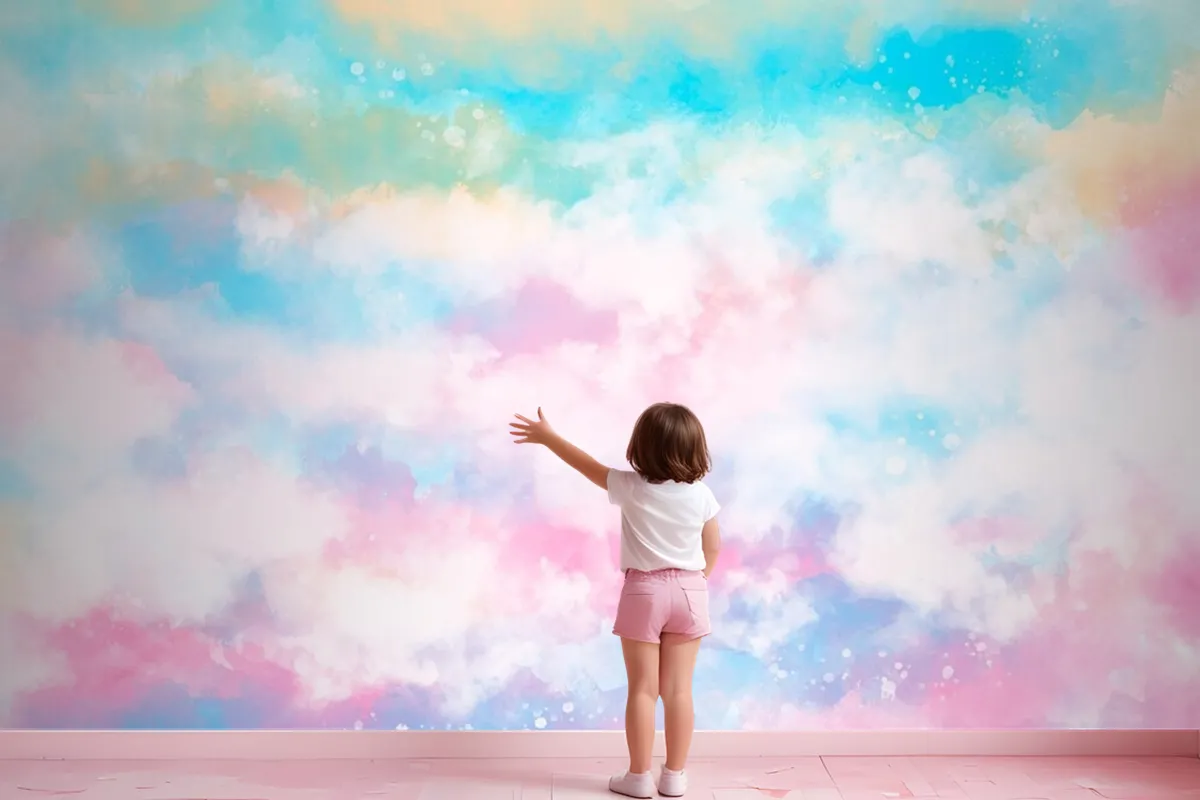 Hand Painted Watercolor Pastel Sky Background Girl Wallpaper Mural